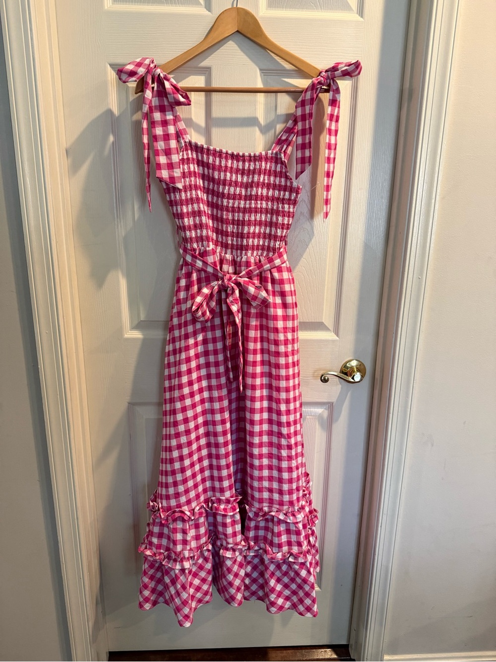 &merci Pink Gingham Smocked Midi Dress